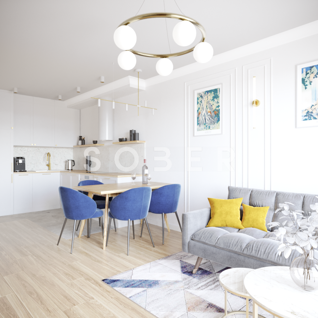 Salon z kuchnią w stylu modern classic w niewielkim mieszkaniu