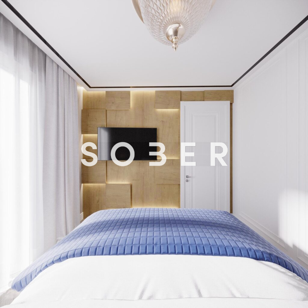 Niewielka elegancka sypialnia ze sztukateria i panelami drewnianymi